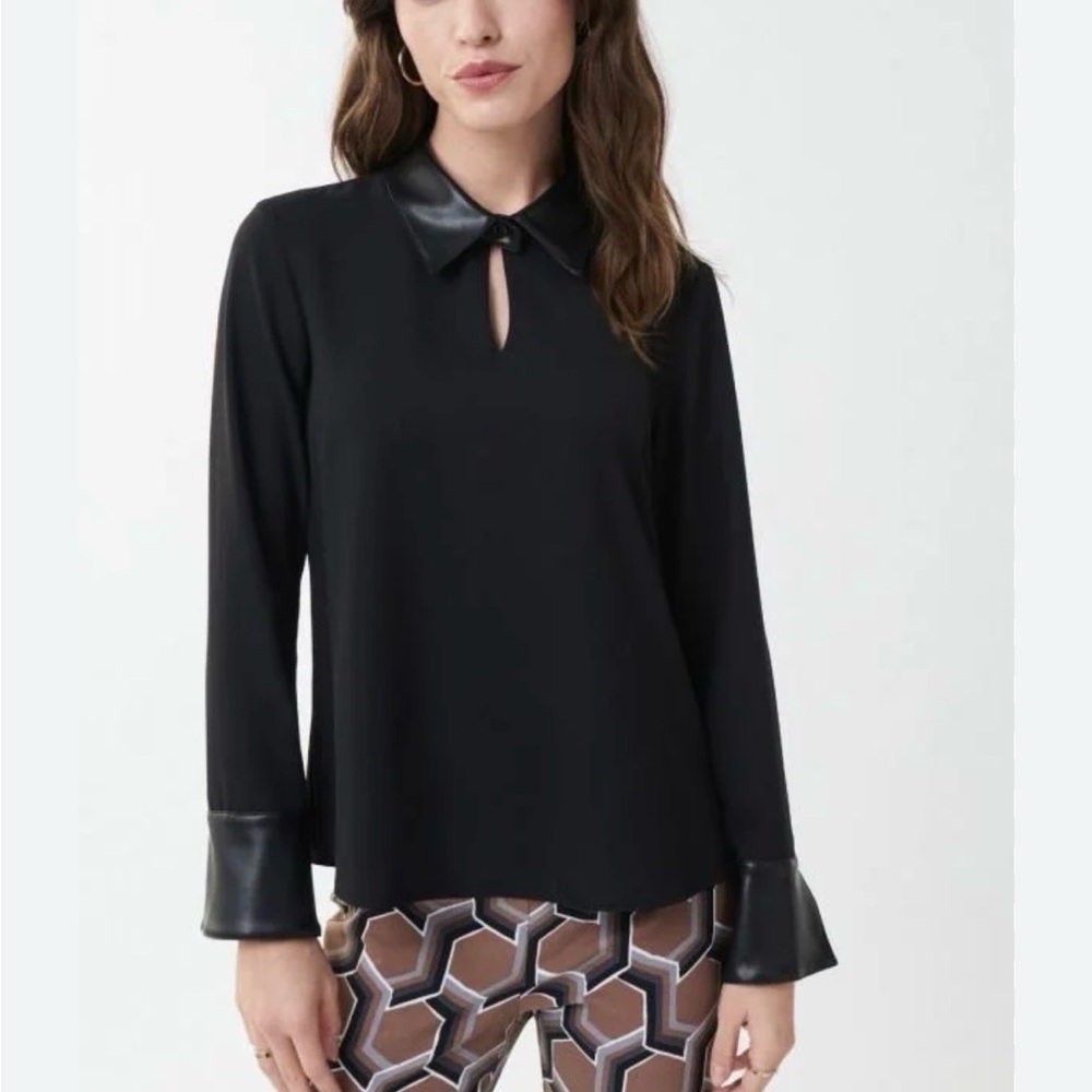 Joseph Ribkoff Black Long-Sleeve Top with Faux Leather Collar and Cuffs